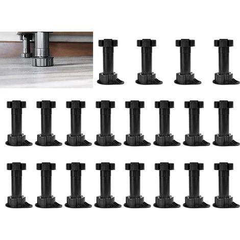 Bravix Lot De 20 Pieds De Meubles Réglables, 100-120mm Pieds Pour Meuble Noir, Pied De Meuble En Plastique, Pieds De Table Réglable Pour Meuble, Armoires, Cuisine, Canapé