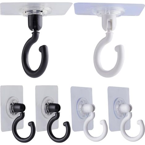 6 Pcs Adhésif Moustiquaire Crochets De Plafond Et Crochets Muraux Pivotant Au Plafond Tourner 360°/180° Crochets Montés Pour Suspendre De Petites Plantes Serviette Manteau, Blanc Noir