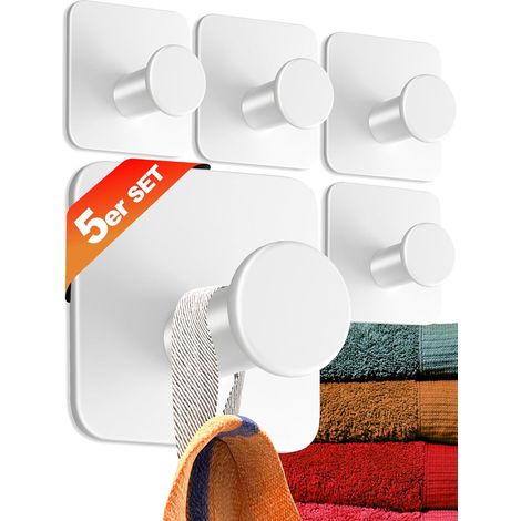 Bravix Accroche-serviette Porte-serviette Sans Perçage Set De 5 - Crochets Serviette Salle De Bain Modernes Blanc - Crochet Adhésif Mural En Inox