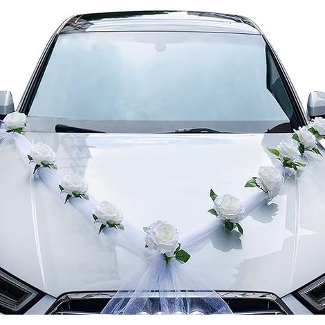 Décoration Voiture Mariage, Kit De Décoration De Voiture De Mariage, Fleurs Artificielles Blanches Et Ruban Blanc Pour Voiture De Mariage, Décoration De Voiture De Mariage
