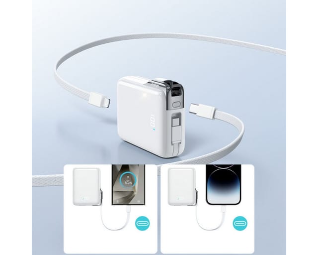 Joyroom JR-PBF27 Pro 10000mAh 30W Power Bank with Built-in USB-C Cable and Additional Bidirectional USB-C to Lightning Cable - White Powerbank (Akku) - Weiß - 10000 mAh