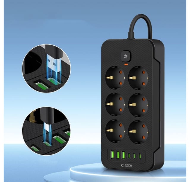Tech-Protect Power Strip PC6X6 6 Sockets 240V + 3xUSB-A + 3xUSB-C 200cm - Black