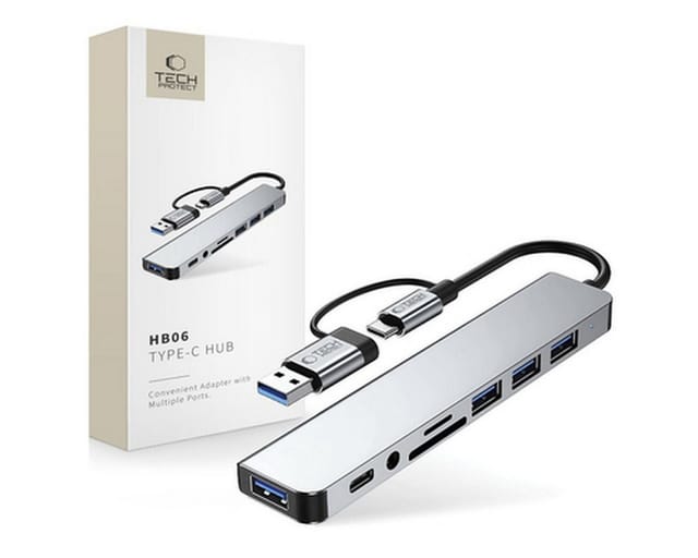 Tech-Protect HB06 HUB Adapter 8in1 TYPE-C + USB2.0 + USB3.0 + SD/TF + AV3.5 - Grey USB-Hubs - USB 2.0 - 8 Anschlüsse - Grau