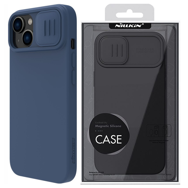 Nillkin CamShield Magnetic Silicone Case iPhone 14 Plus Case Magnetic MagSafe Case with Camera Cover Blue