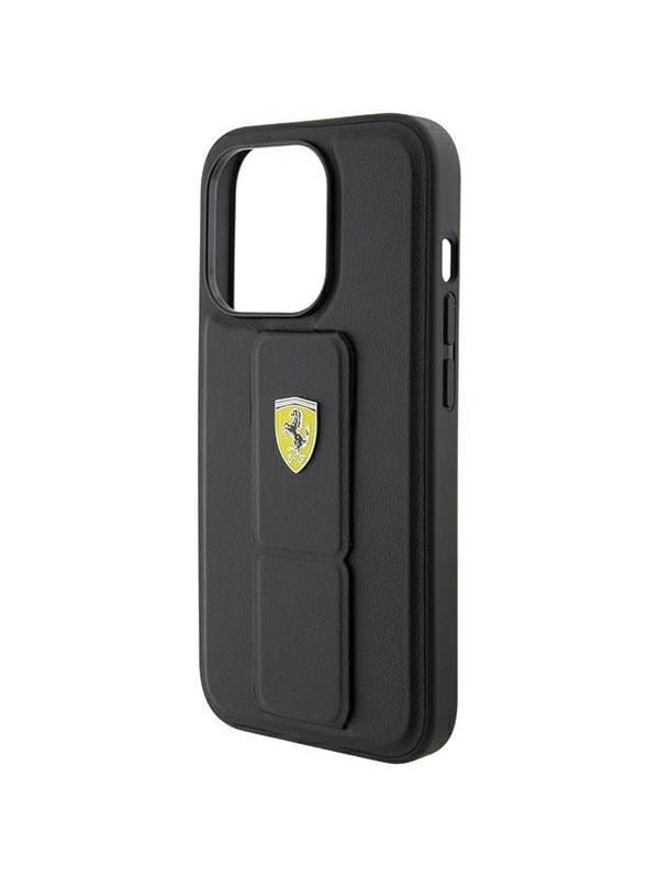 Ferrari Grip Stand Metal Logo Case for iPhone 15 Pro - Black