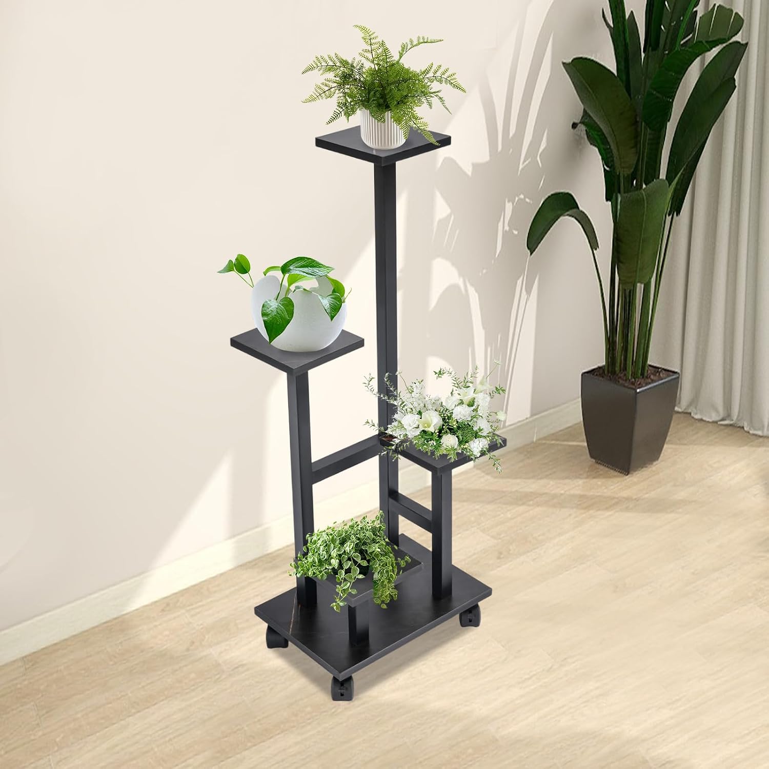 5-stöckiger Pflanzenständer Blumenständer Pflanzenregal Mit 4 Rädern, 15-20kg/ebene Tragfähigkeit, Modern Für Indoor Und Outdoor, Wohnzimmer, Balkon, Gärten Und Terrassen (schwarz)