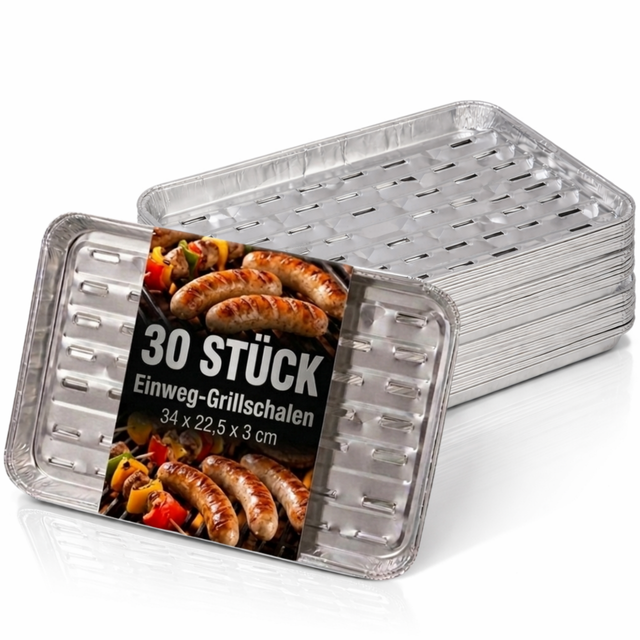AluGrillschalen 34x225 cm Einweg Grillschale für Grill & Backofen 30 Stück