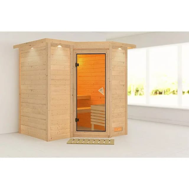 Massivholzsauna SAHIB 1 193 x 184 m 40 mm ohne Ofen mit Dachkranz Ganzglastür bronziert