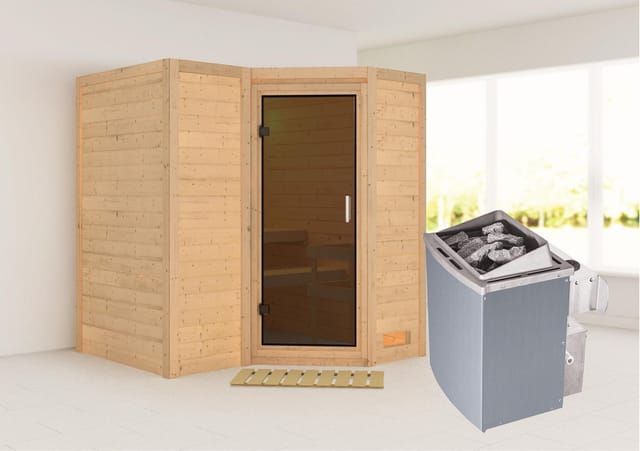 Massivholzsauna SAHIB 1 193 x 184 m 40 mm 9.0 kW Ofen integr. Steuerung ohne Dachkranz Ganzglastür graphit