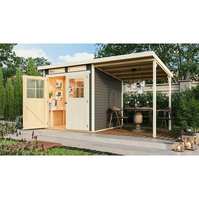 Gartenhaus GLÜCKSBURG 3 19 mm 213 x 217 m Terragrau Mit Anbaudach 190 m