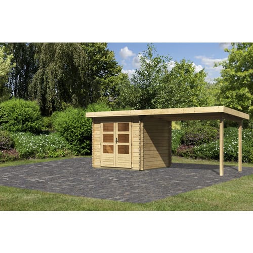 Gartenhaus Holz BASTRUP 2 237 x 237 m 28 mm Blockbohlenhaus Naturbelassen inkl. 300 m Anbaudach