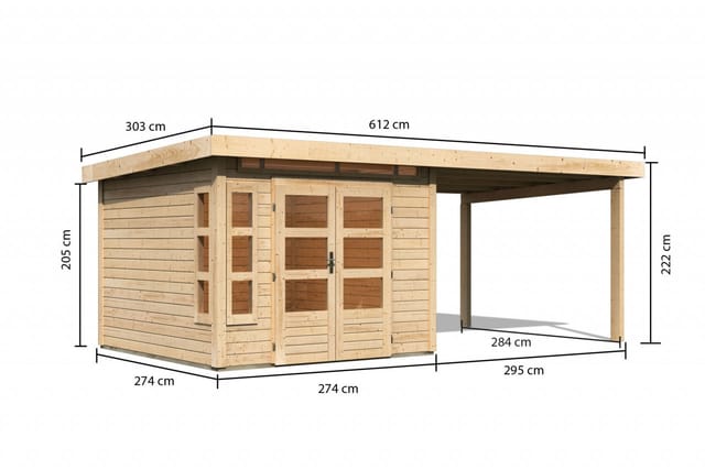 Gartenhaus Holz KASTORF 6 28 mm 274 x 274 m Naturbelassen inkl. 320 m Anbaudach