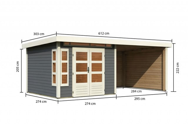 Gartenhaus Holz KASTORF 6 28 mm 274 x 274 m Terragrau inkl. 320 m Anbaudach + Rück und Seitenwand