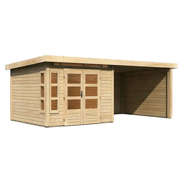 Gartenhaus Holz KASTORF 6 28 mm 274 x 274 m Naturbelassen inkl. 320 m Anbaudach + Rück und Seitenwand