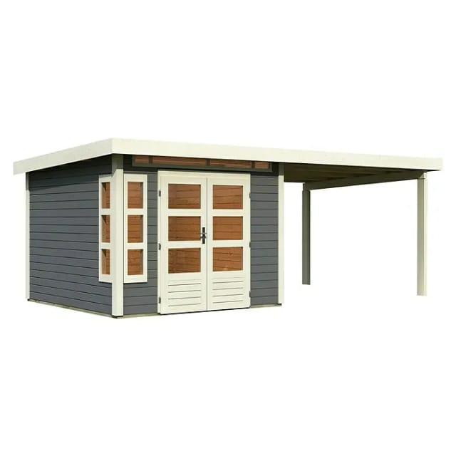 Gartenhaus Holz KASTORF 6 28 mm 274 x 274 m Terragrau inkl. 320 m Anbaudach