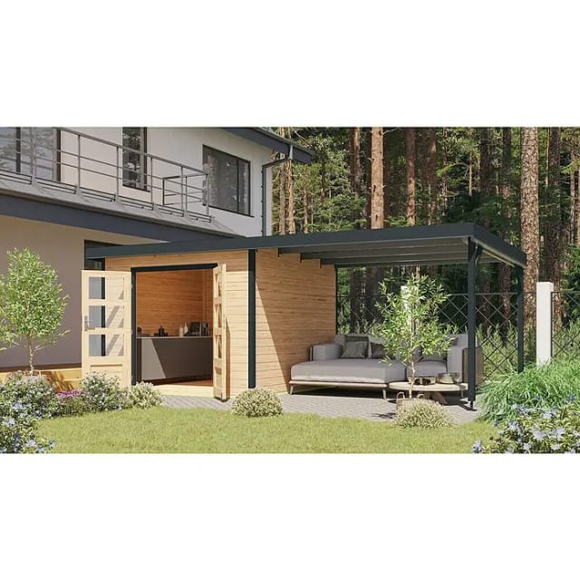 Gartenhaus PLUTO 271 x 271 m 28 mm Hybridhaus inkl. 300 m Anbaudach Naturbelassen Anthrazit