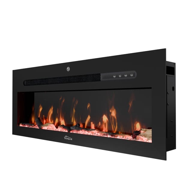 Wandkamin Elektrokamin Panorama Flammeneffekt elektrisch 900/1800W, Appsteuerung, 12 Farben, Timer, inkl. Kristalle 92x13x35 cm, schwarz