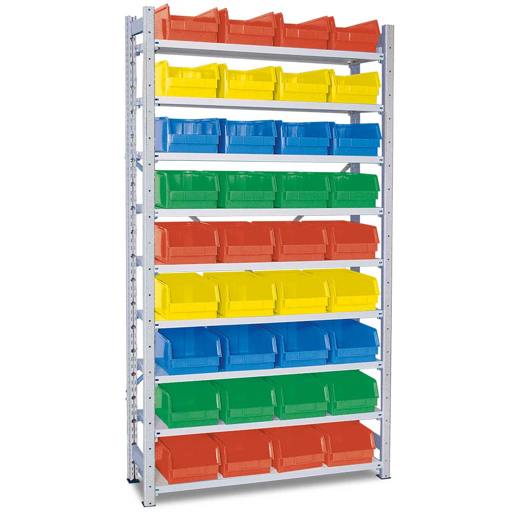 Brb Kleinteileregal Mit 9 Böden Hxbxt 2x1070x315 Mm, Bestückt Mit 36 Sichtkästen Lb3, Lxbxh 350x200x150 Mm (bunt)
