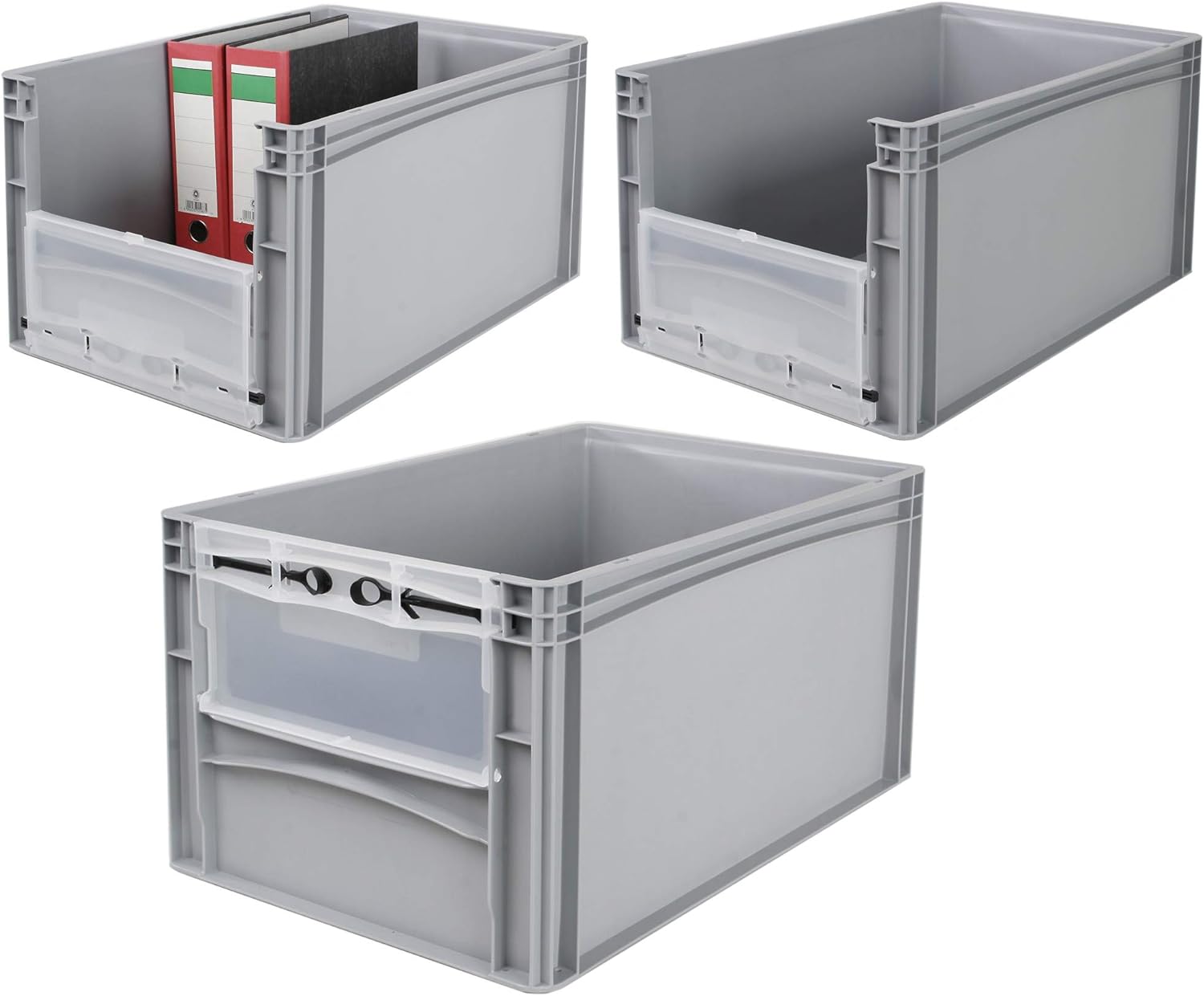 Brb 3x Eurobehälter Mit Eingrifföffnung U. Riegelklappe An Stirnseite, Lxbxh 600x400x320 Mm, Grau