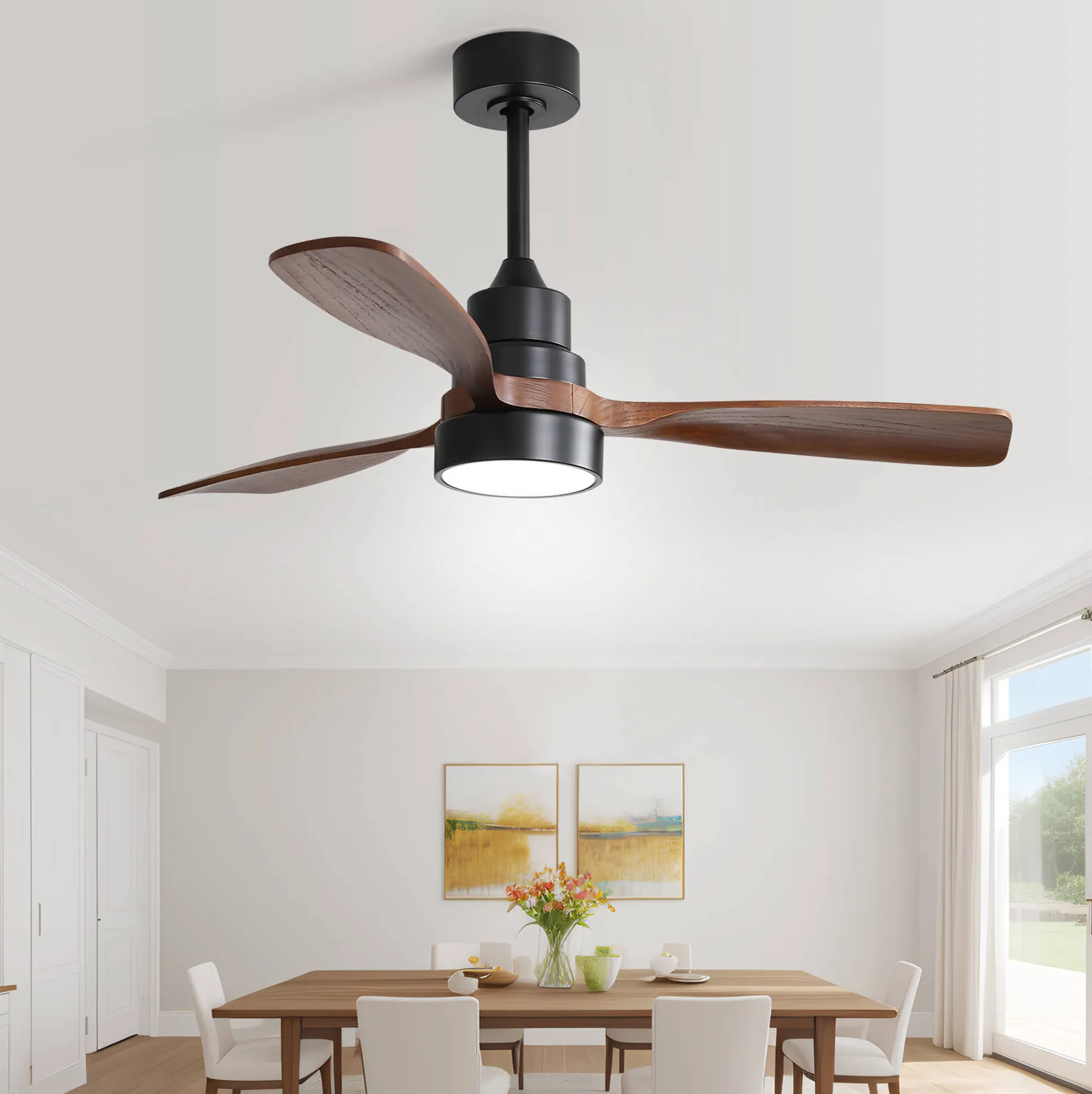 Deckenventilator Mit Licht 122x122x36.5 Cm Schwarz Metall & Holz Mit Fernbedienung Und Reversiblem Dc-motor