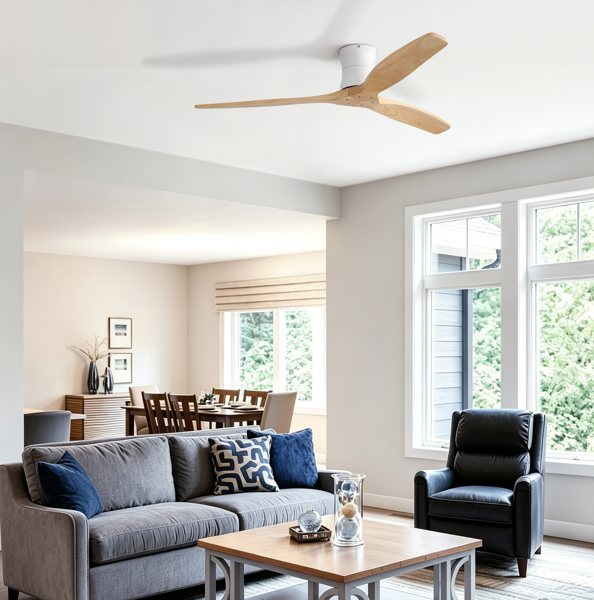 Ventilateur De Plafond 132 Cm Blanc En Bois Massif Avec Télécommande Et Minuterie