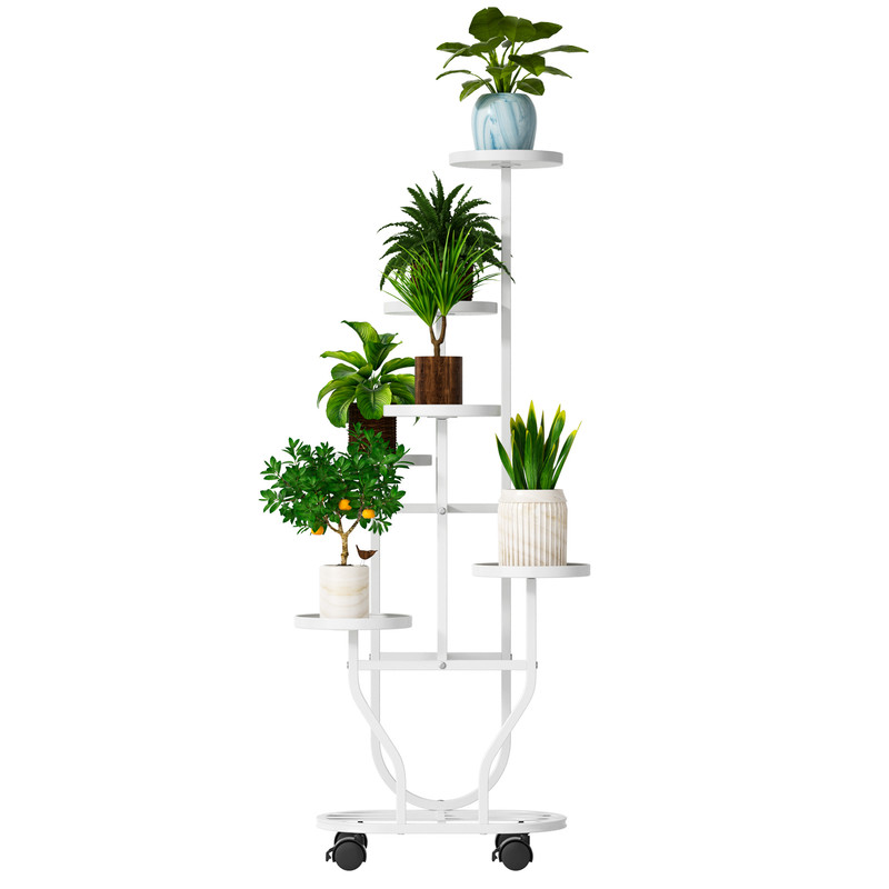 Flasidu 6-stufiges Regal, Multifunktionales Aufbewahrungsregal, Offenes Design, 4 Lenkrollen, Kippsichere Runde Oberseite, 42 × 23 × 119 Cm, Weiß