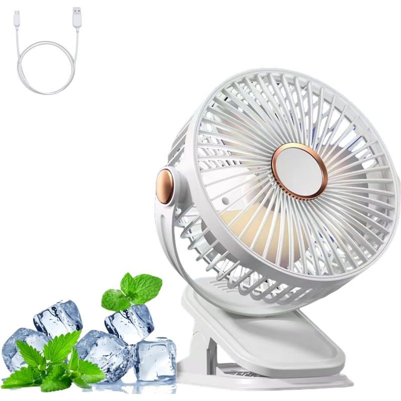 Tragbarer, Leiser Usb-clip-ventilator Mit 5 Geschwindigkeitsstufen Und Nachtlicht Für Camping Oder Büro. Wiederaufladbar, Weiß.