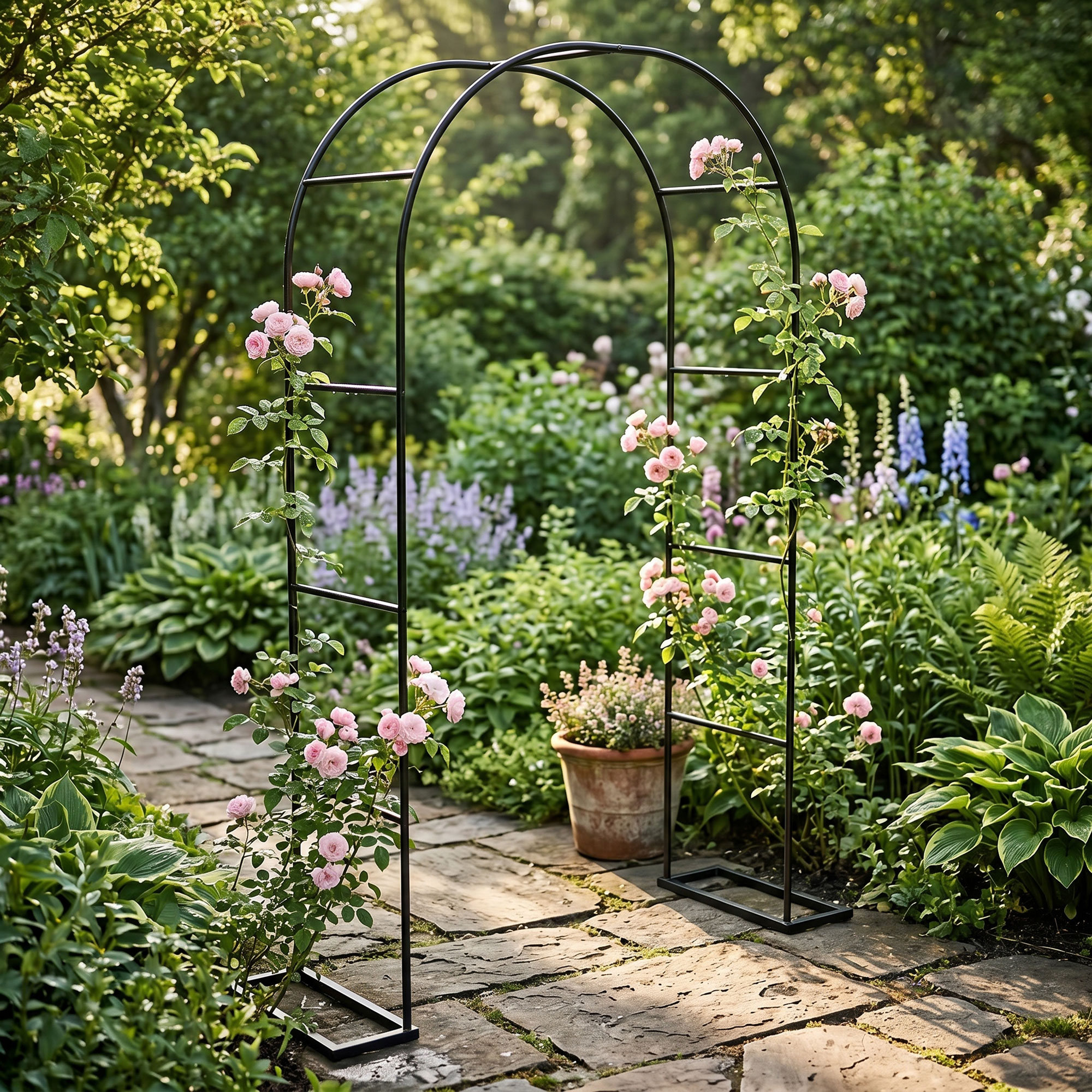 Kiros - Blumenbogen Für Den Garten Mit Standbasis, Länge Und Höhe Verstellbar, Pflanzenstütze Aus Schwarzem Metall