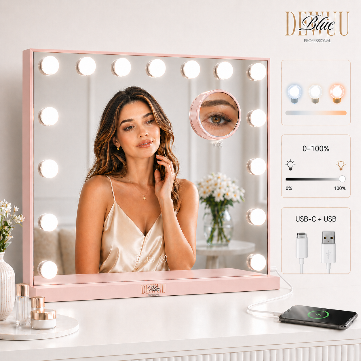 Hollywood Kosmetikspiegel 58x48 Led Pink