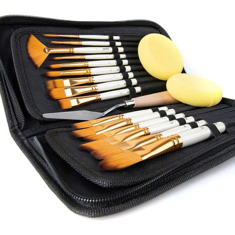 Ensemble De 15 Pinceaux De Peinture Acrylique, Huile, Aquarelle Et Gouache, Comprend Un Sac De Transport Escamotable Avec Couteau À Palette Et 2 Éponges Blanc