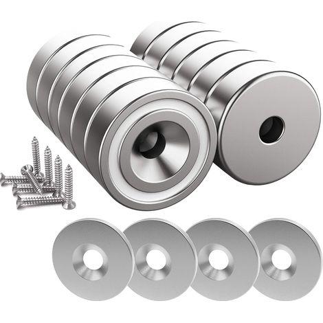 12 Pièces Aimants En Néodyme 10 Kg Force 20 X 7 Mm Avec Trou Et Capsule, Aimant En Pot Fraisé Avec Vis Et 12 Coussins En Acier (argent Brillant)