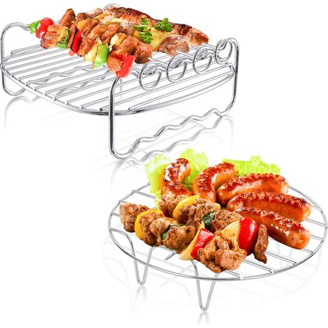 2 Pcs Accessoires Pour Friteuse À Air Comprimé, 7 Pouces Support Multifonction Double Couche Avec Brochette, Grilles Pour Friteuse À Air Avec 4 Bâtons Barbecue Pour Toutes Les Marques De Friteuses