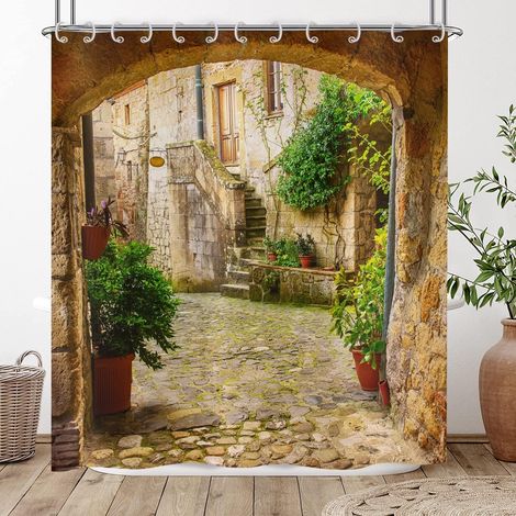 Rideau De Douche 3d 180x200, Jardin Plantes Paysage Avenue Image Rideaux De Douche Italie Extérieur Rideau Baignoire Imperméable Tissu Polyester Lavable Rideau De Bain Avec Crochets
