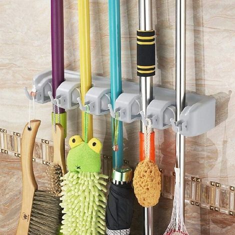 Mop Et Balai Holder/crochet Balai/support De Rangement/holder Magique, 5 Positions Avec 6 Crochets, Compact & Propre Design Mural Organiseur