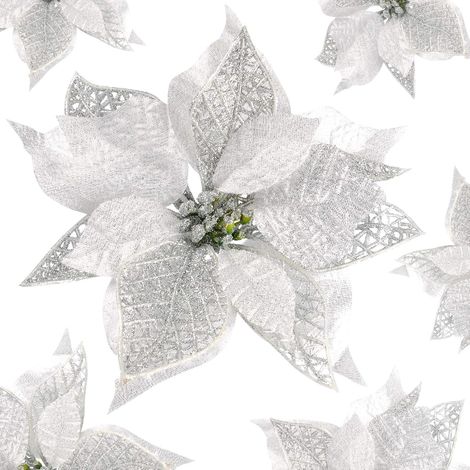 12 Pièces Artificielles Fleurs De Noël Poinsettia Glitter Ornement Fleurs Etincelantes De Noël Paillettes Fleurs （argenté）