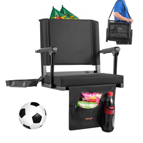 Stadionsitz Tragbarer Tribünenstuhl Mit Rückenlehne & Armlehne, Tribünensitz Mit Schultergurt & Getränkehalter & Haken, Stadionstuhl Aus 600d Oxford-gewebe (474,98 Mm Gesamtbreite) Schwarz