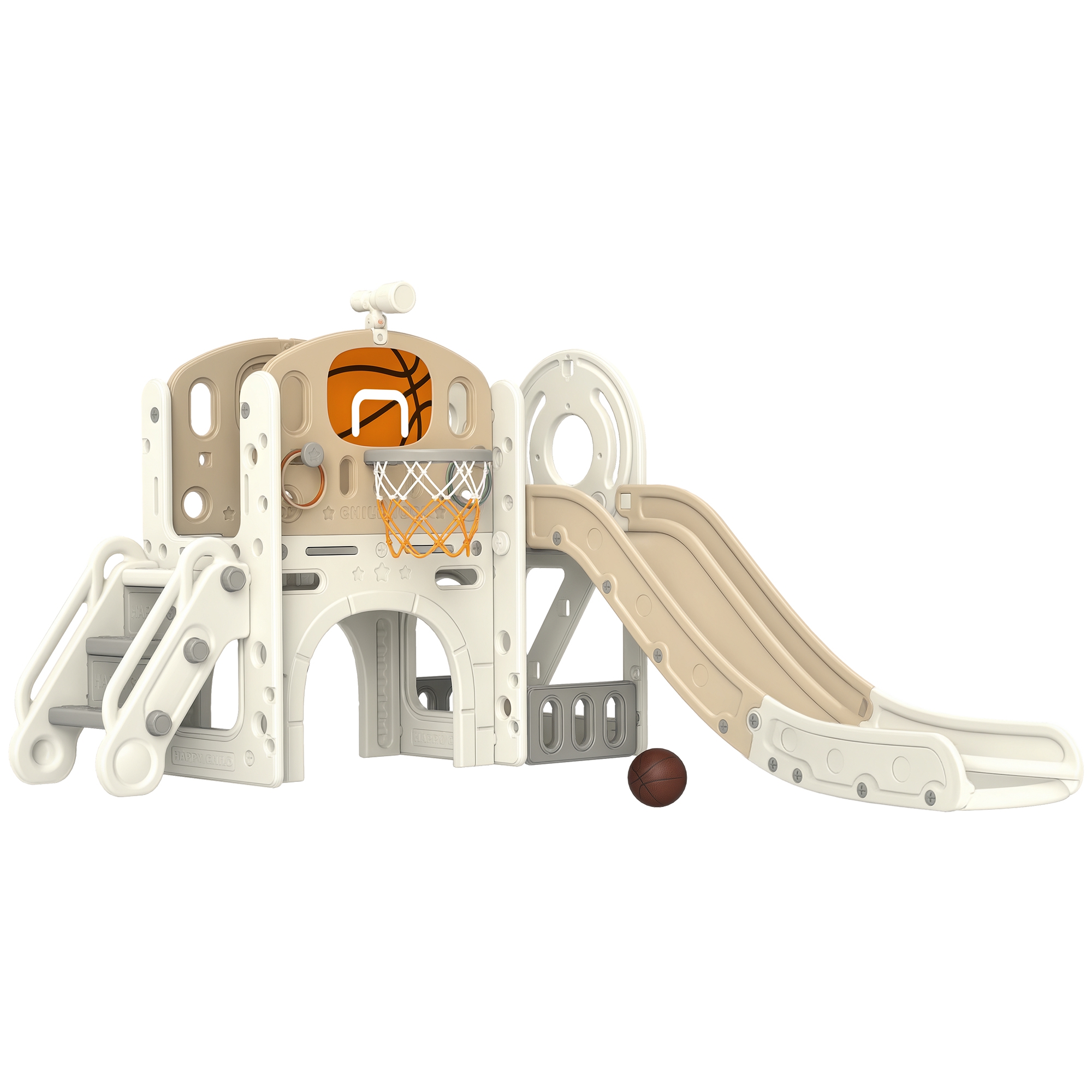 Kinderspielanlage Mit 7-in-1-rutsche, Indoor-spielbereich Mit Stauraum Und Tunnel, 186 X 153 X 111 Cm, Cremeweiß