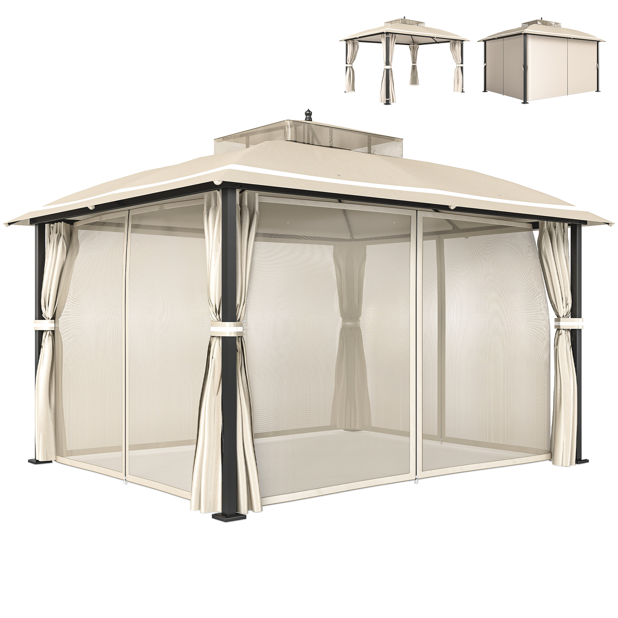 Doppeldach-gartenpavillon Mit Moskitonetzen Und Vorhängen Für Die Terrasse, 370 X 303 X 290 Cm, Beige