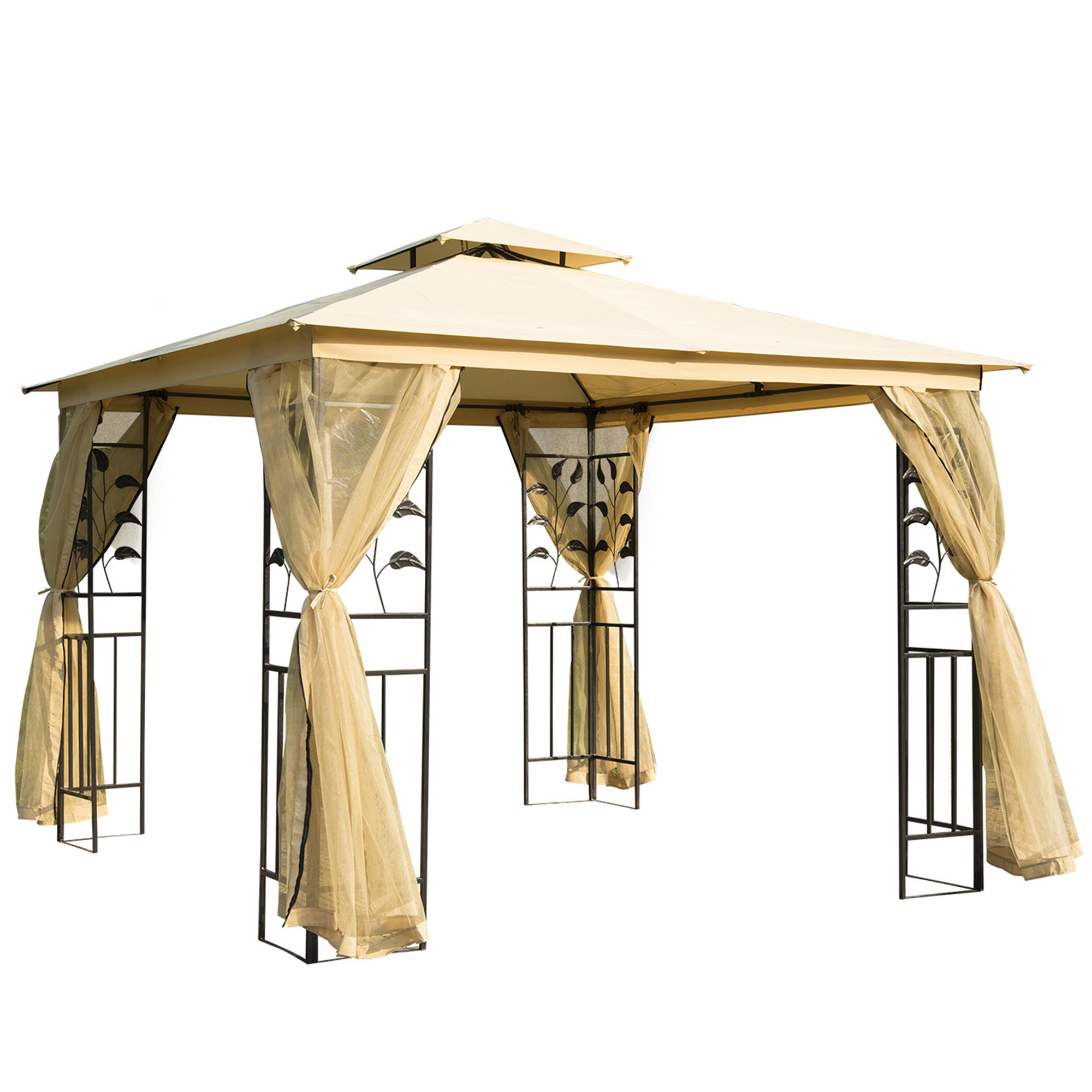 Gartenpavillon 3 X 3 X 2,8 M, Großes Außenzelt Mit Doppeldach, Moskitonetzen Und Stahlrahmen Für Gesellige Stunden Auf Der Terrasse, Beige