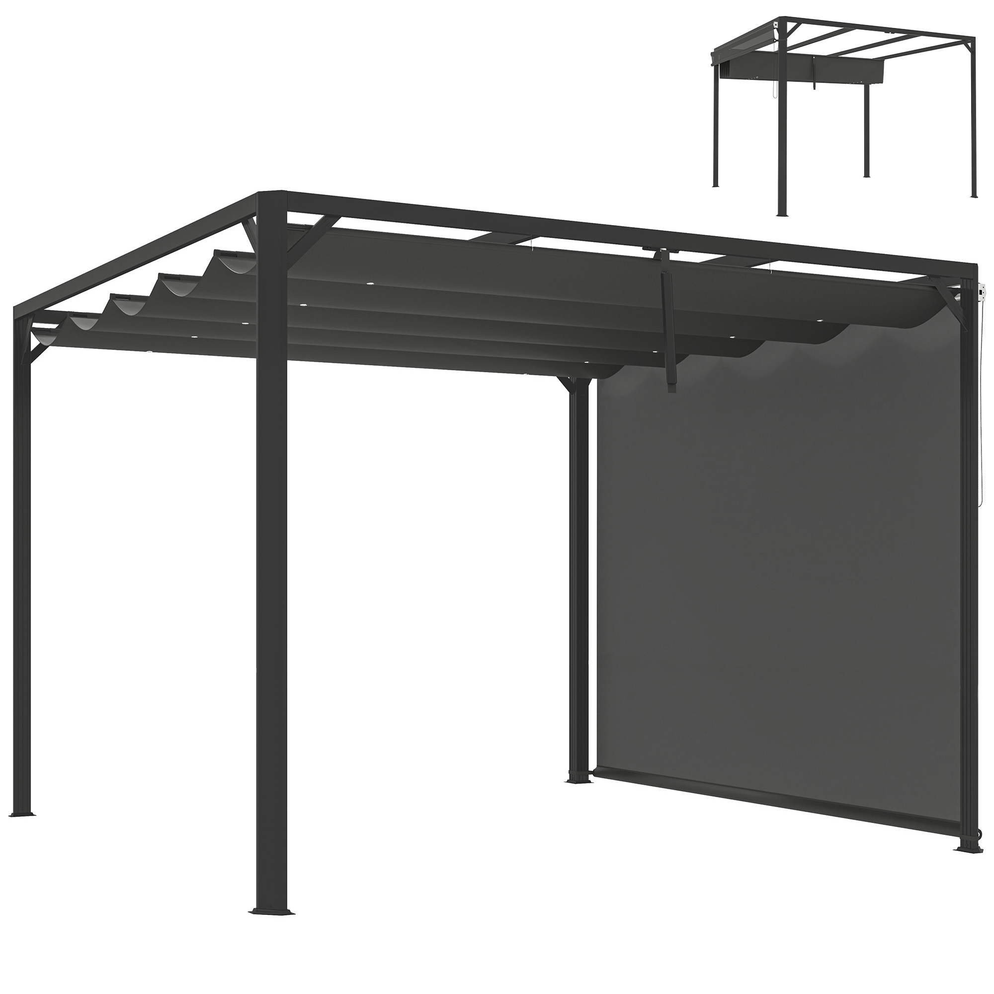 3 X 3 M Große Aluminium-gartenpergola Mit Einziehbarem Seitendach, Upf 30+ Sonnenschutz, Grau