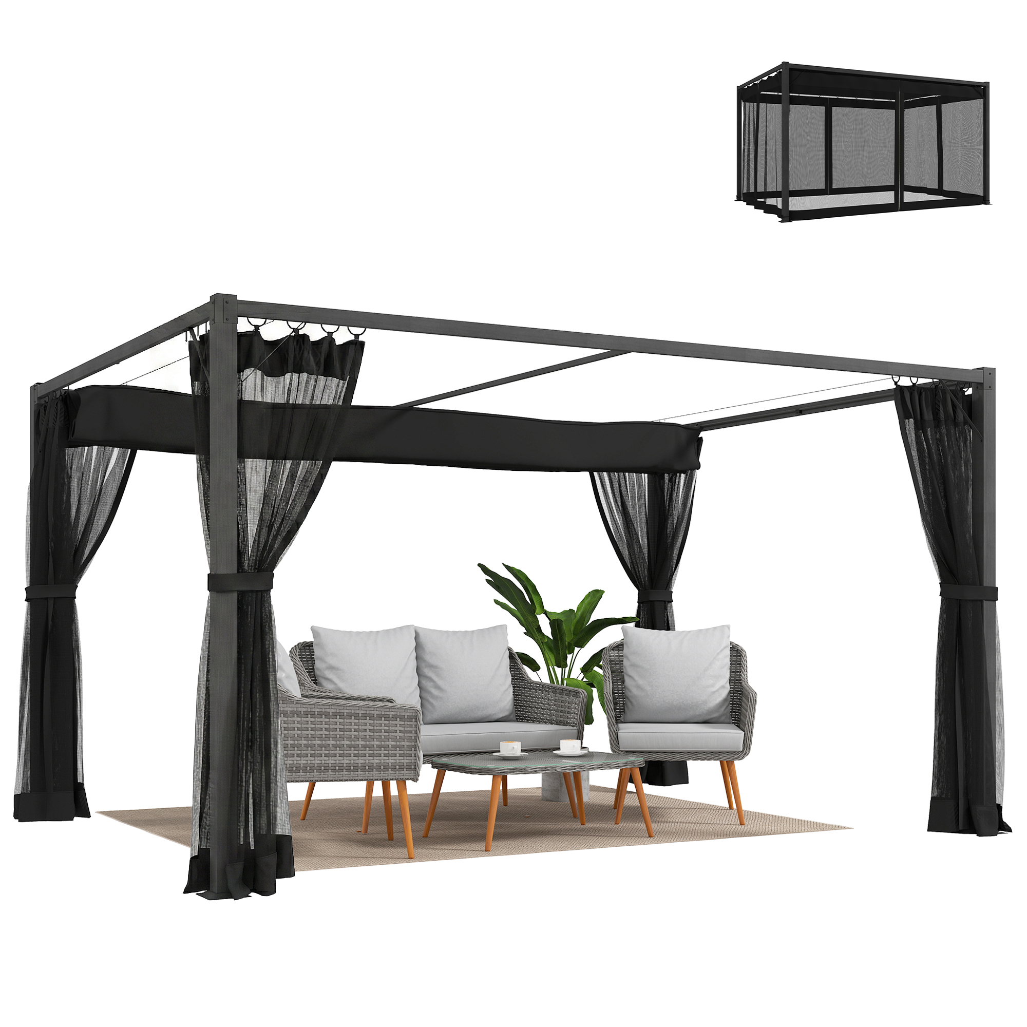 3 X 4 M Große Gartenpergola Mit Einziehbarem Dach, 4 Seitenwänden Aus Netzgewebe, Uv-schutz 30+, Gartenpavillon, Grau
