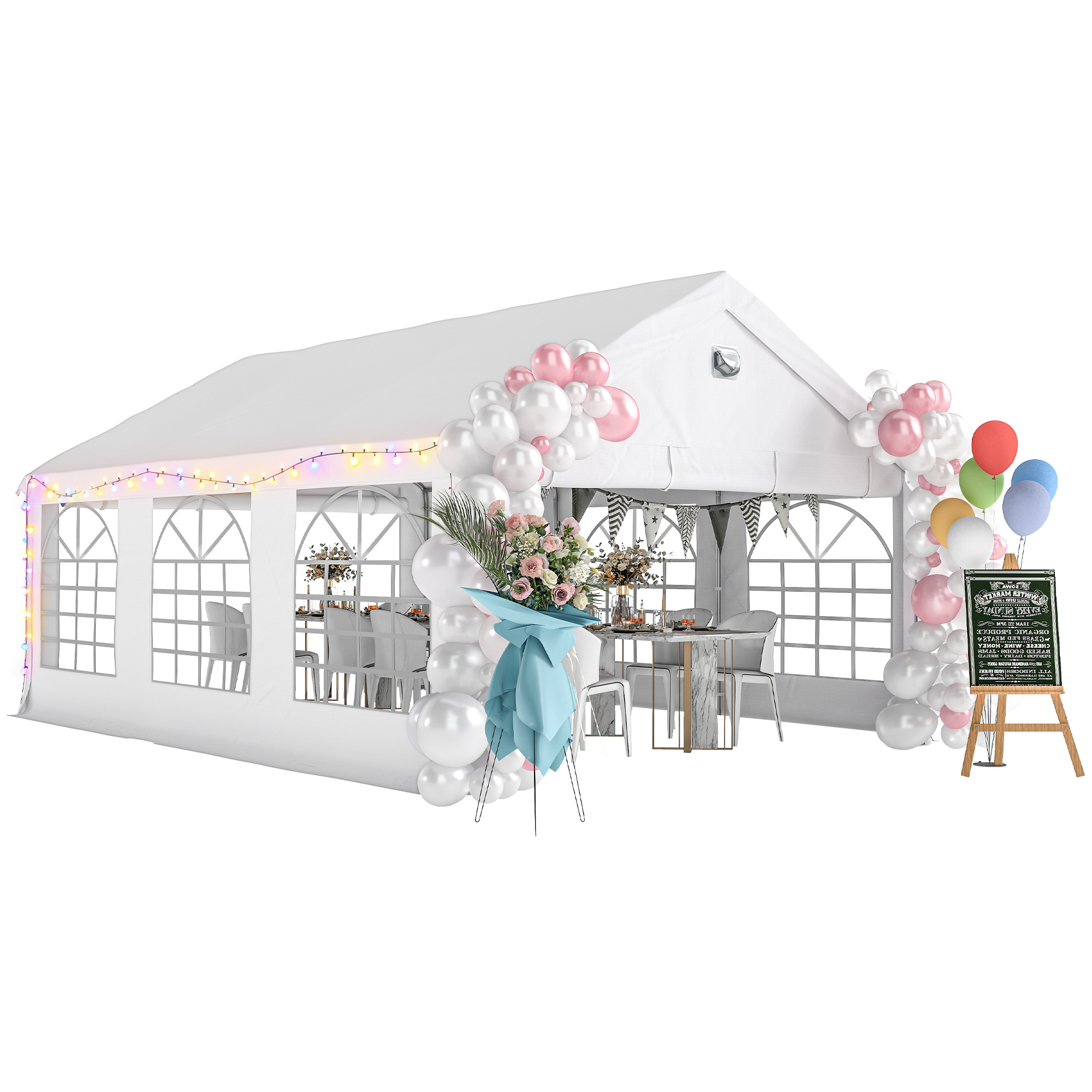 4x6m Empfangszelt, Gartenzelt Mit Led-beleuchtung, Abnehmbaren Wänden, 2 Türen Und Fenstern, Upf30+ Schutz, Ideal Für Hochzeiten, Weiß.