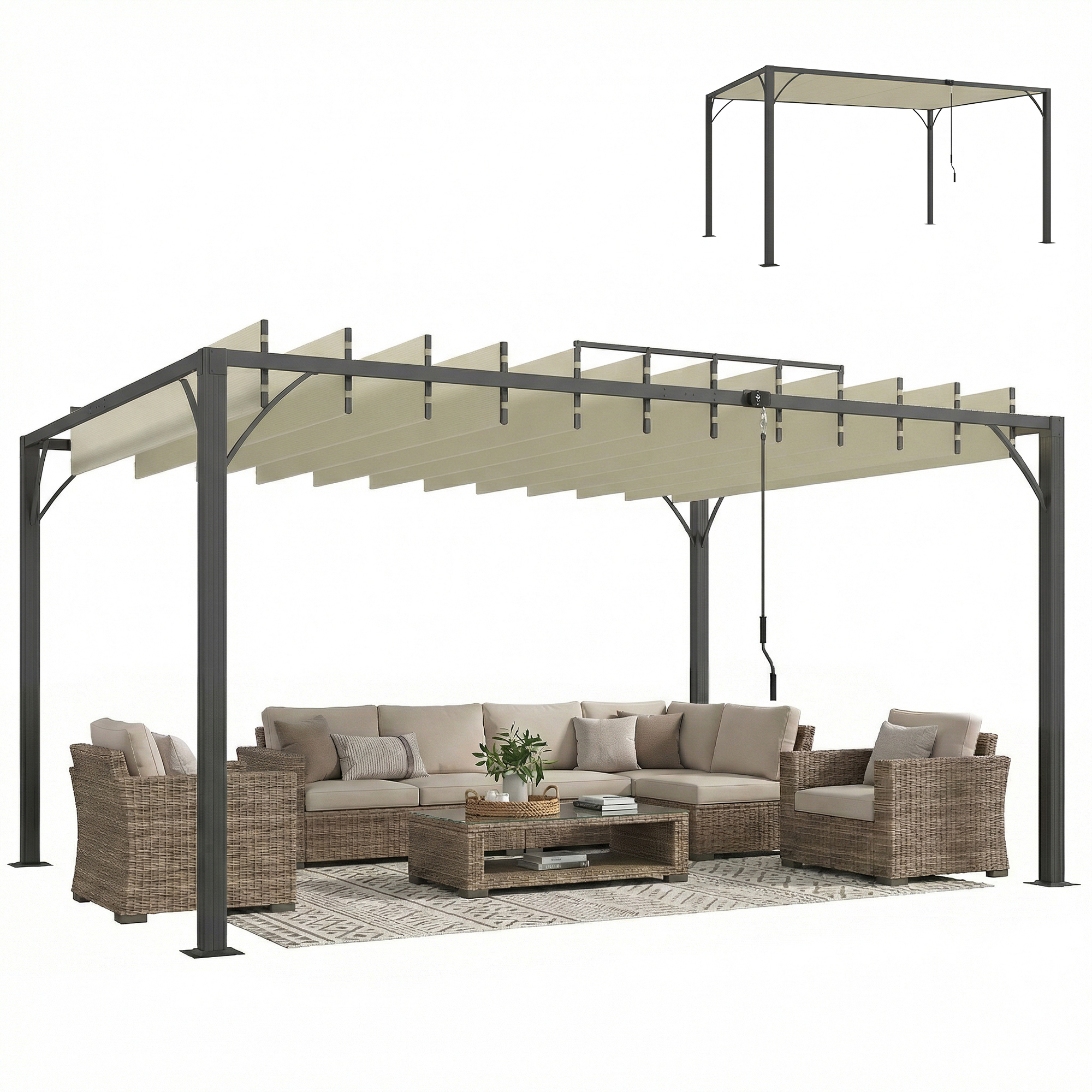 3x4m Gartenpergola Mit Upf30+ Sonnenschutz, Aluminiumkonstruktion Mit Verstellbarem Dach, Cremefarben, Ideal Für Den Außenbereich.