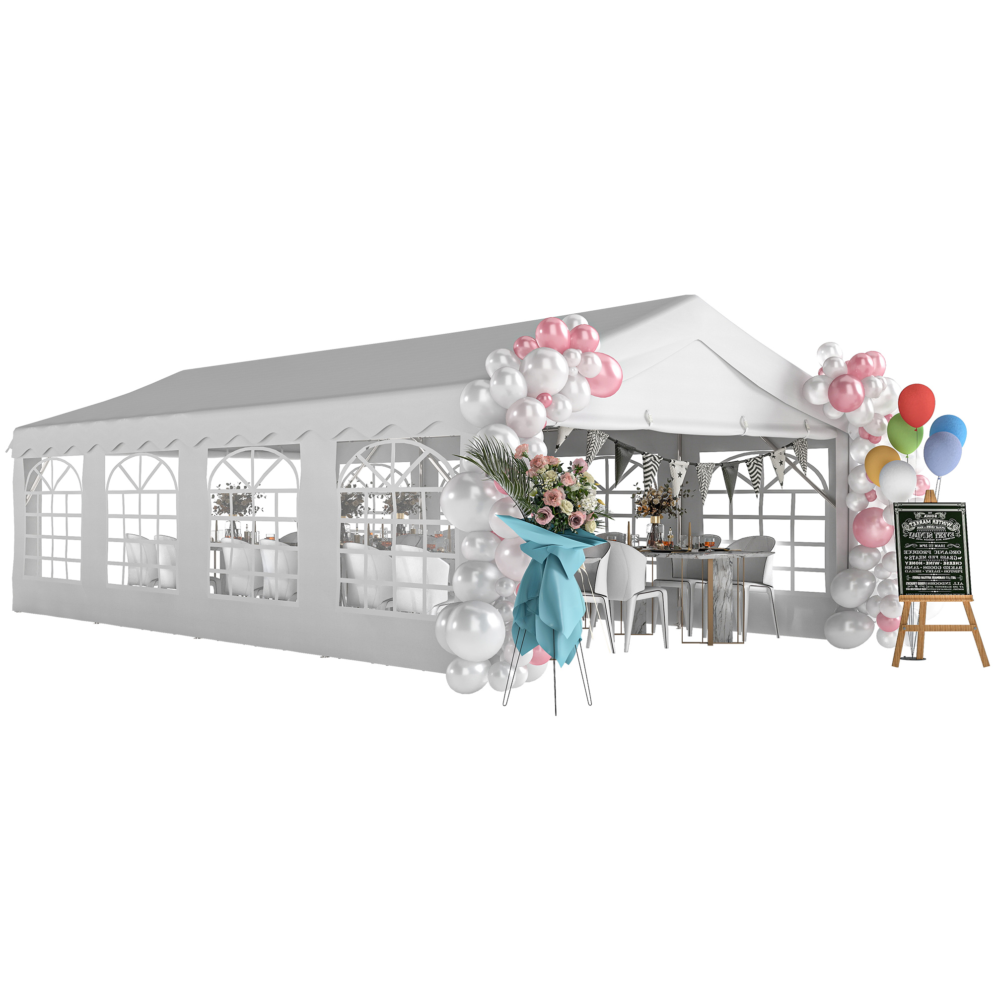 4x8m Empfangszelt, Gartenzelt Mit Abnehmbaren Wänden, Tür Und Fenstern, Upf50+ Sonnenschutz, Weiß, Ideal Für Hochzeiten Und Camping.