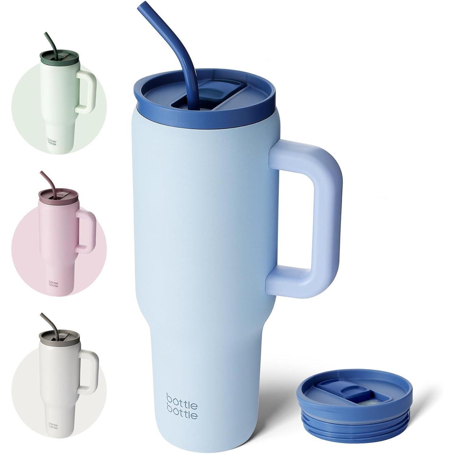 Isolierter Kaffeebecher 1,1l Mit Griff & Strohhalm, Bpa-frei, Blau