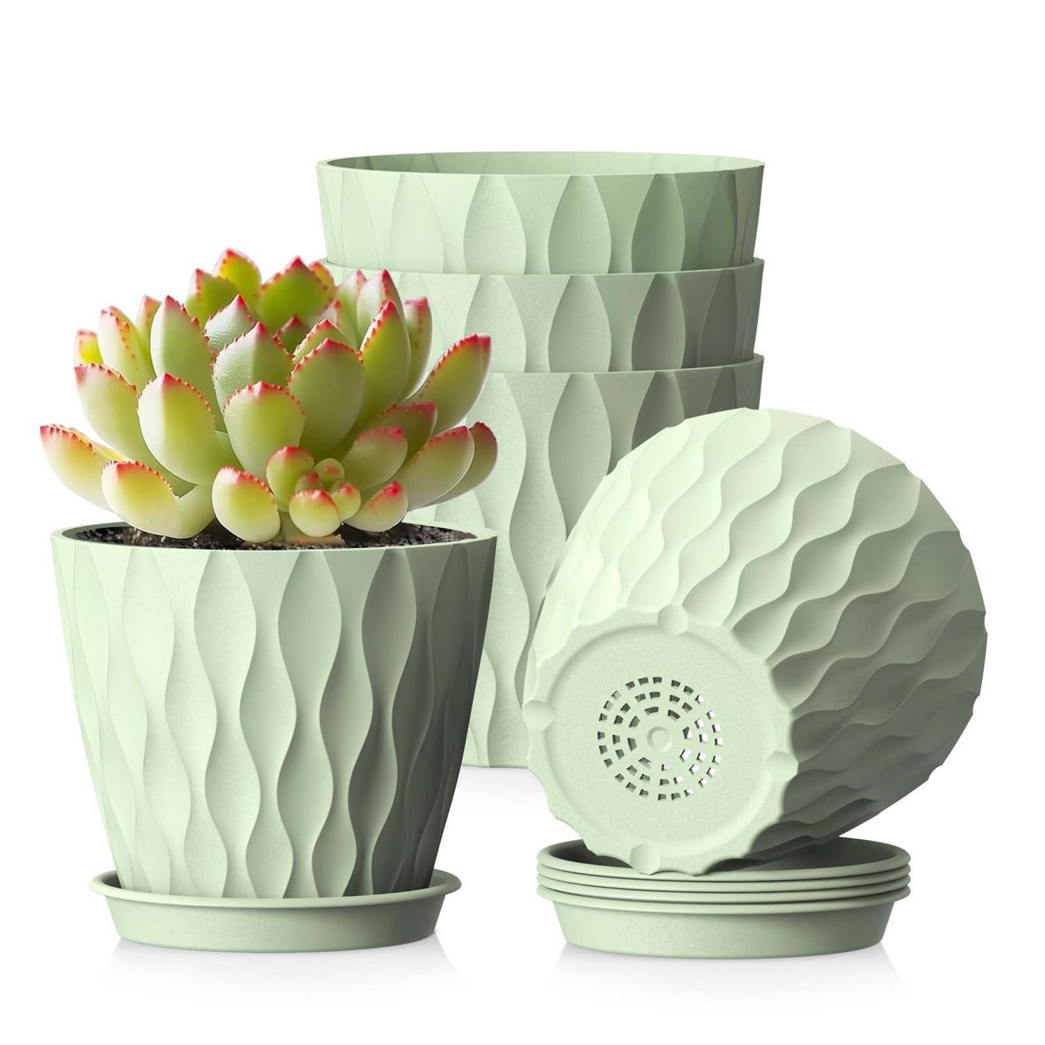 Blumentopf 5er Set Ø 10,2 Cm Mit Untersetzer, Kunststoff, Grün, Wellenstruktur
