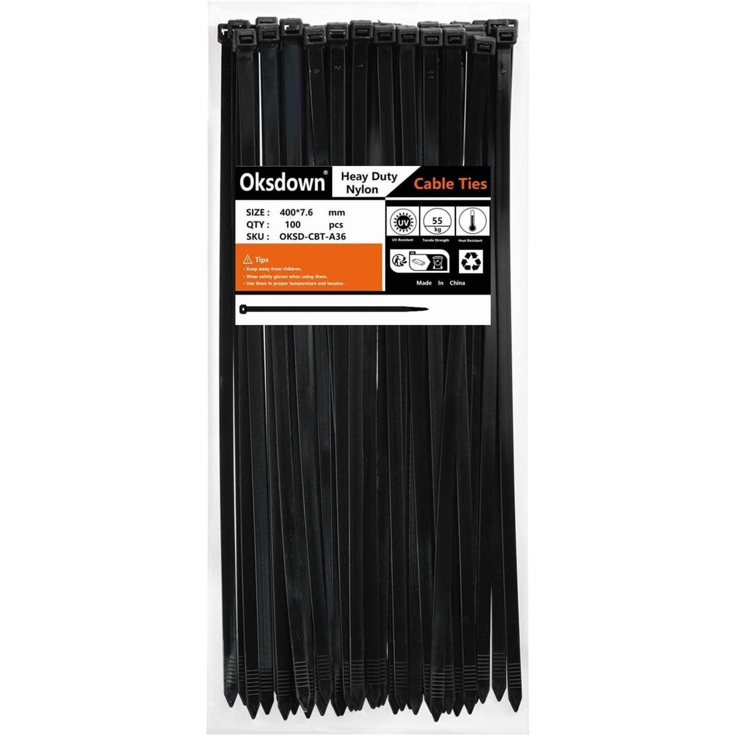 Kabelbinder 400mm X 7,6mm, 100 Stück, Schwarz, Uv-beständig, 55kg Zugfestigkeit