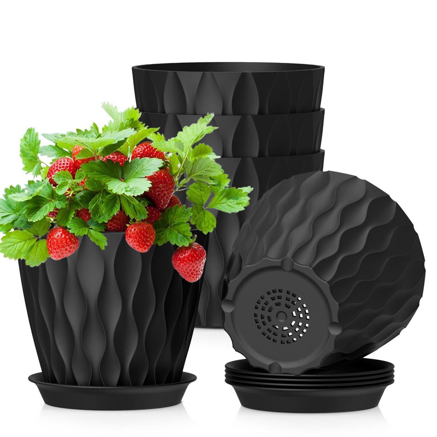 Blumentöpfe 5er Set Ø 12,7 Cm Mit Untersetzer, Abflusslöchern, 3d-wellenstruktur, Schwarz
