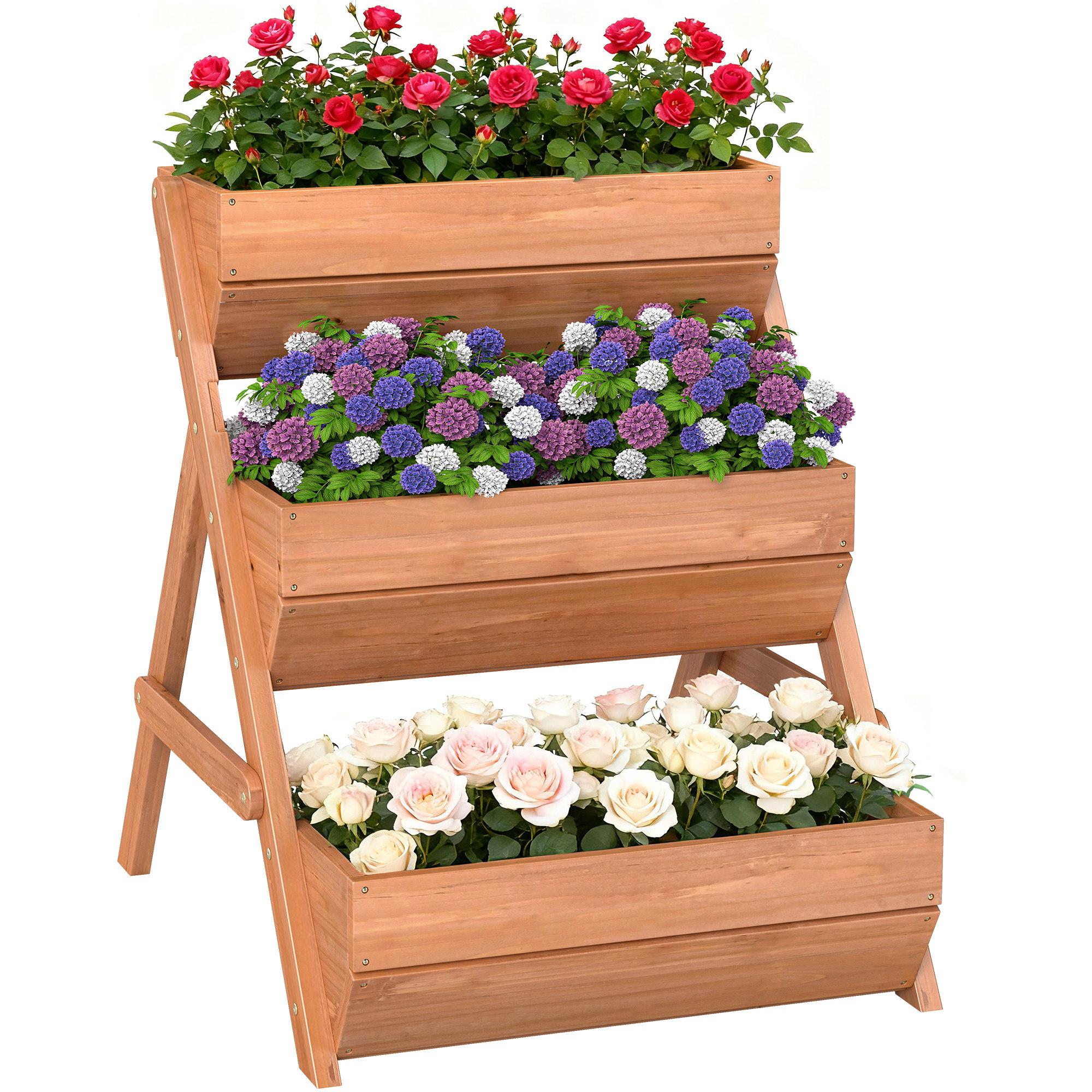 Dreistufiger, Erhöhter Holzpflanzkasten Mit Abflusslöchern, 65 X 75 X 76 Cm, Braun