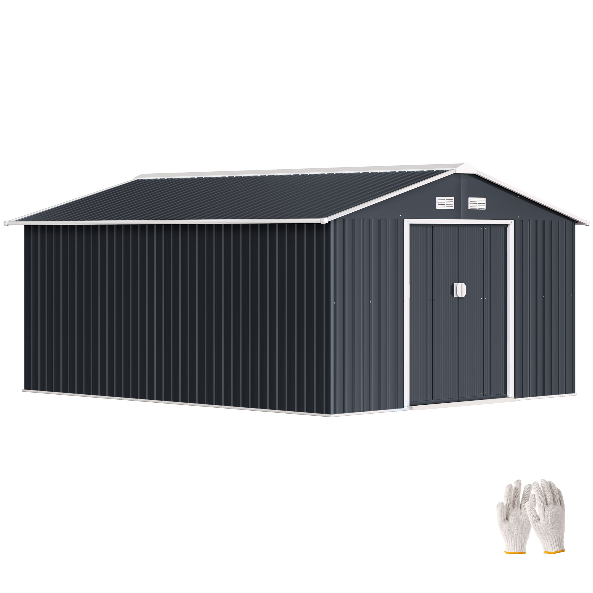 Gartenhaus, 12,4 M² (340 X 386 X 200 Cm) Mit 2 Schiebetüren, Verstärktem Boden (boden Nicht Enthalten), Dunkelgrau